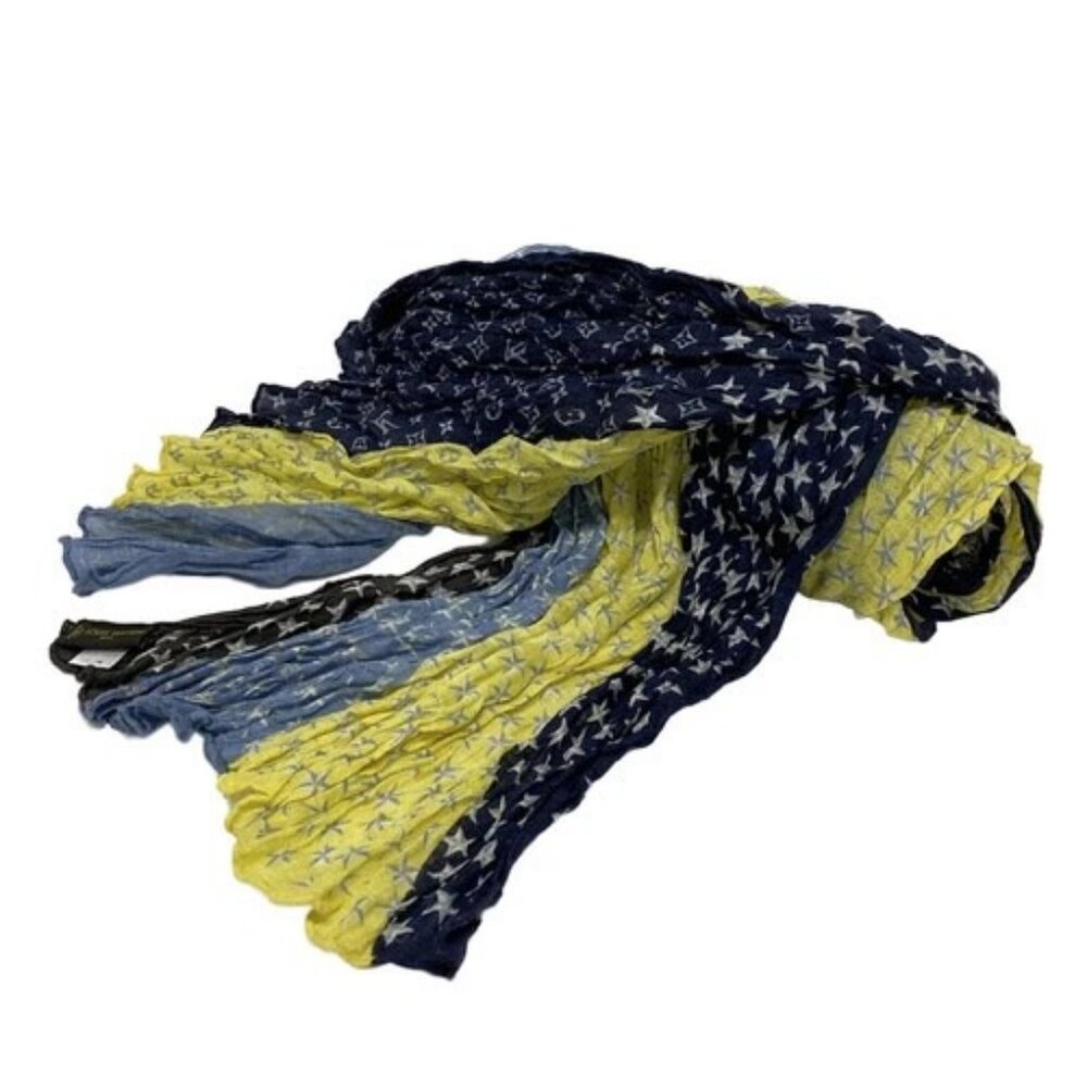 LOUIS VUITTON - Light Blue Dark Brown Multi Unconfirmed Scarf Hemp Silk - Picture 5 of 6